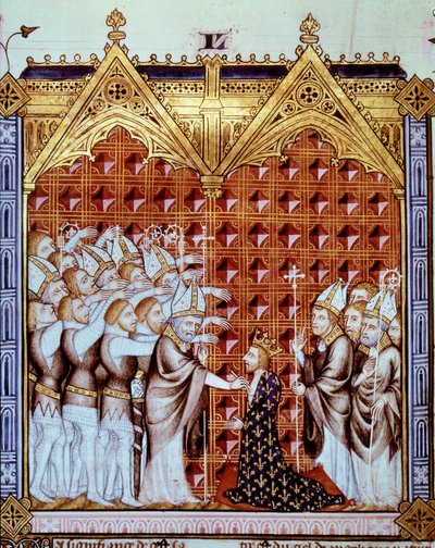 Anointing the king of France, in the presence of bishops and his barons. Miniature in Rational des divins offices (folio 44v) by Unknown artist