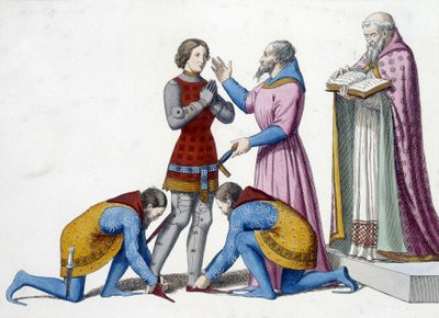 Knighting - Softening of a Knight in Italy in the 14th century - engraving by Unknown artist
