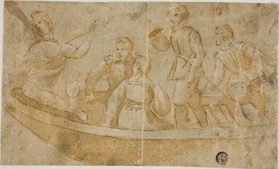 Three Men, Woman and Lute Player in Boat by Unknown Italian