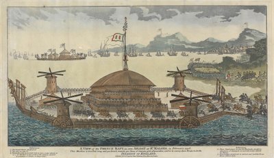A View of the French Raft, as seen Afloat at St. Maloes, in February 1798. The machine is 600 Feet long and 300 broad, mounts 500 pieces of Cannon, 36 & 48 pounders, and is to convey 15,000 Troops for the Invasion of England. by Unknown artist