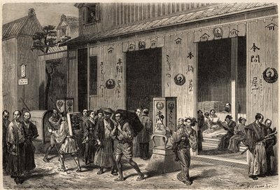 A bookstore, with piles of books and readers, in Yedo (or Edo, present-day Tokyo), opened on a lively street. Engraving to illustrate the voyage to Japan, in 1863-1864, by Aime Humbert, minister of the Swiss Confederation, in 