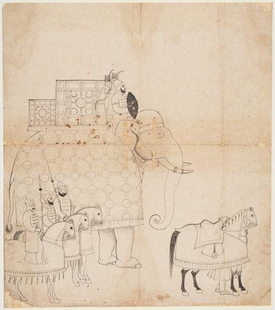 A Drawing of Caparisoned Elephant and Horses by Unknown artist