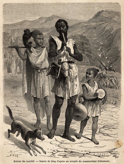 A flute player, accompanied by a small drummer and a monkey show; the two sheep heads hanging from the belt of the band leader will be their dinner. Engraving to illustrate the excursion to the great Kabylie, between the Mediterranean and the Djurjura, in  by Unknown artist