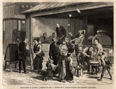 A lively scene of a street in Edo (Tokyo), with a traveling juggler in front of a fish deli, and a cheap cloth salesman. Engraving to illustrate the journey to Japan, by Aime Humbert, minister of the Swiss Confederation, in 1863-1864, published in Le tour  by Unknown artist