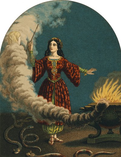 A magician preparing spells with a magic wand, a cauldron and snakes. Engraving from 1852 by Unknown artist