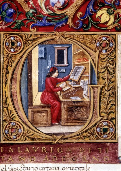 A scholar - on the wall, one of the first representations of a pendulum (letter g). 15th century manuscript by Unknown artist