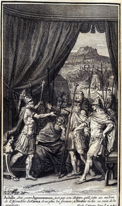 Achilles, Irritated Against Agamemnon, Swears by His Scepter Not to Help the Greeks; Nestor Tries in Vain to Appease Them (Illustration for Book I of the Iliad of Homer) by Unknown artist