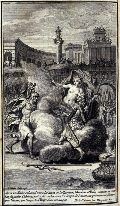 After a solemn deal between the Greeks and the Trojans, Menelas and Paris entered into a singular battle. This one, ready to succumb under the blows of the other, is rescued by Venus who wins Troyes in a cloud. Illustration of book III of the Iliad of Home by Unknown artist