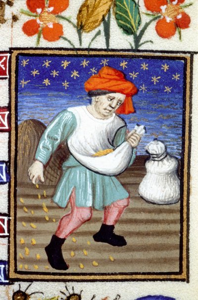 Allegorical representation of October. A peasant sowing grain. Miniature of a 14th century manuscript by Unknown artist