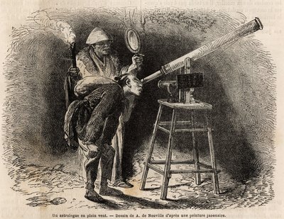 An Astrologer Searches the Sky in the Open Air Using His Telescope. Engraving to Illustrate the Voyage to Japan, in 1863-1864, by Aime Humbert, Minister of the Swiss Confederation, in Le tour du monde, nouveau journal des voyages published under the dir by Unknown artist
