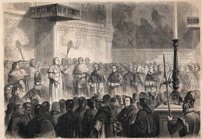 Audience given by Pope Pius IX (1792-1878) to foreign ecclesiastics in the Sistine Chapel in Rome on the occasion of the celebrations of the canonization of the 26 