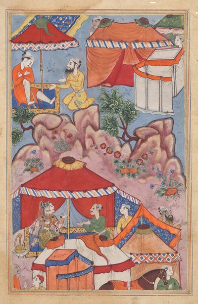 Bashir confides his love for Habbaza to an Arab friend, and sends him to her with a message, from Tales of a Parrot: Twenty-fourth Night by Unknown artist