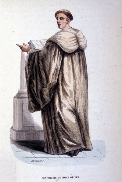 Benedictine of Mount Olivet or Olivetain, religious order founded in Siena in the 14th century. Engraving of the 19th century. Private collection, Milan. by Unknown artist