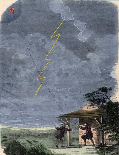 Benjamin Franklin experimenting with his lightning rod mounted on a kite. September 1752 by Unknown artist