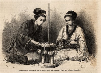 Braiders of silk cords, in their workshop in Yedo (or Edo, present-day Tokyo); these braids are very extended since they are used to arrange and maintain military and civilian costumes (the Japanese ignore the button and the clip to tie the clothes). Engra by Unknown artist