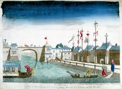 Bridge of Cochinchine and boats are distinguished leaving the pavilions. Engraving from the end of the 18th century by Unknown artist