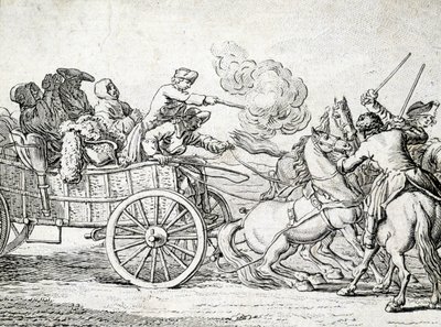 Brigands attacking passengers on a cart. Engraving by an 18th century anonymous. by Unknown artist