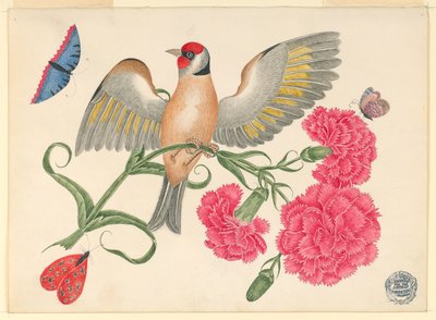 Brown Bird with Red Head on Carnation Stem with Butterflies by Unknown artist