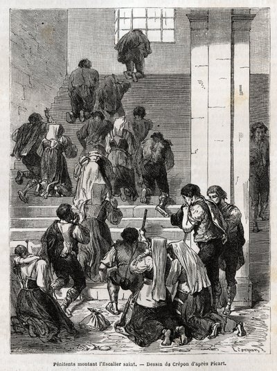 Catholic Penitents Ascending the Holy Staircase to Rome, Engraving to Illustrate the Story of Ludovic Celler by Unknown artist