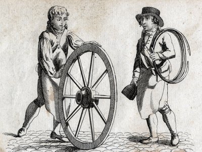 Charron with cart wheel and apprentice. Engraving late 18th century. by Unknown artist
