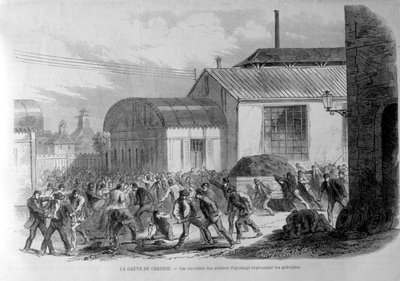 Creusot strike. The workers of the adjustment shops repelling the strikers (engraving) by Unknown artist