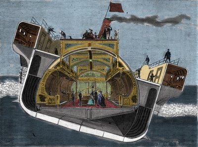 Cross section of a boat designed against seasickness by Henry Bessemer (1813-1898). Engraving 19th century. by Unknown artist