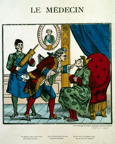 Doctor Scene representing a doctor examining a patient, his assistant behind him holds a clyster. Engraving of the 19th century. Paris, B.N. by Unknown artist