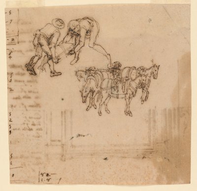 Drawing: Two men carrying a trunk; four mules with a driver. Project for a frame by Unknown artist