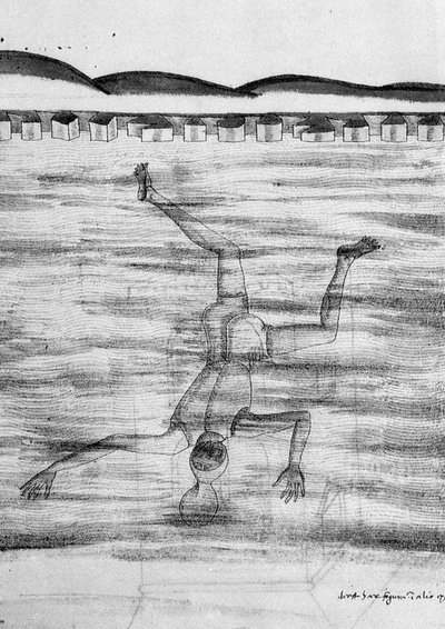 Drawing from the 15th Century Showing a Man Going into the Water with Some Kind of Mask by Unknown artist