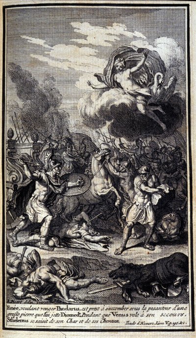Enee, wanting to avenge Pandaros, is ready to succumb under the gravity of a big stone that Diomede throws. While Venus flies to his rescue, Sthelenos grabbed his chariot and horses. Illustration of book V of the Iliad of Homer, French edition by Unknown artist