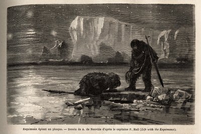 Eskimo Hunters Spying on a Seal Through a Hollow Hole in the Ice Pack. Engraving to Illustrate the Voyage to the Free Sea of the Arctic Pole, by Doctor Hayes, Surgeon of the United States Navy, in 1860-1862 by Unknown artist