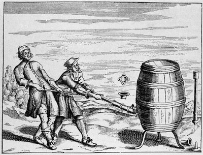 Experiment carried out by German scientist Otto von Guericke to calculate atmospheric pressure. Plate taken from 