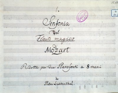 First page of the symphony score reduced to two pianos and eight hands of Die Zauberflote, opera by Mozart, Lichtenthal version by Unknown artist