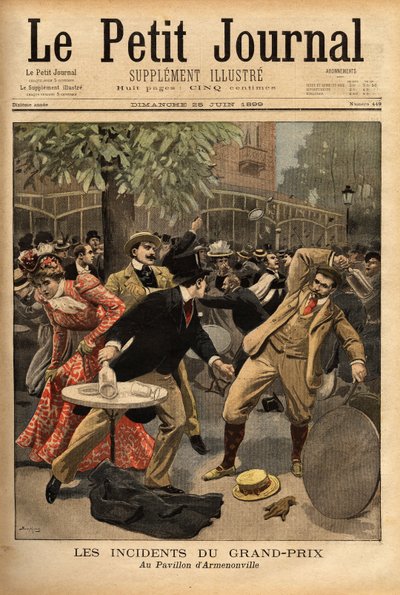 General fight at the Longchamp Grand Prix races, the origin of which is due to the declarations of Charles Dupuy (1851-1923), Minister of Interior and Religious Affairs, who excited the present citizens by making them believe that threats to the republic by Unknown artist