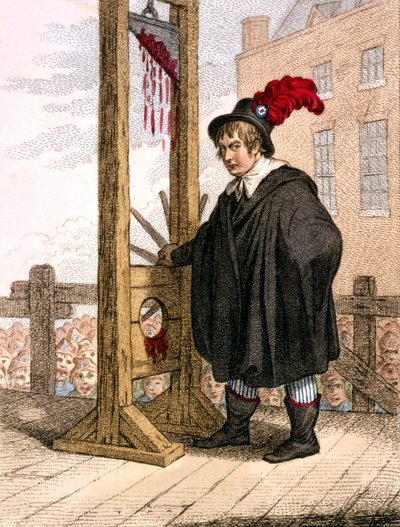 George Tierney dressed as an executioner standing next to a guillotine by Unknown artist