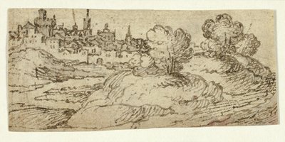 Hill Town with Trees in Foreground by Unknown artist