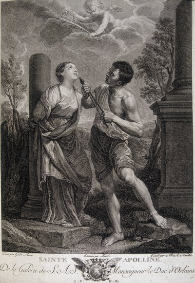 Holy Appoline during the persecutions gets her teeth broken because she refused to pay tribute to the Roman gods. Engraving of the 17th century by Unknown artist