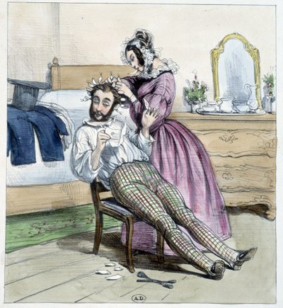Humorous Drawing on the Infidelity of a Dandy Being Made with His Fiancée