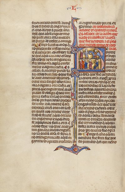 Initial R: Two Men Transacting the Sale of a Horse and Four Men before a Judge by Unknown artist