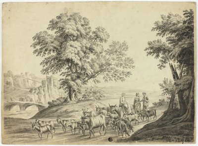 Italianate Landscape with Man and Two Women Herding Cattle, Goats and Sheep by Unknown artist