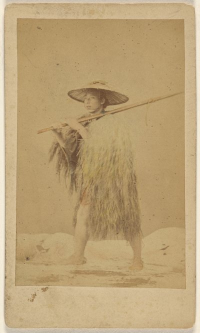 Japanese Man Wearing Straw Rain Cape and Hat, Carrying a Long Pole by Unknown artist