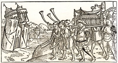 Jews carry the Ark of the Covenant in front of the collapsing walls of Jericho by Unknown artist
