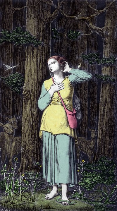 Joan of Arc hears her Celestic voices: the Archangel Saint Michael, Saint Catherine and Saint Margarita ordered her to go to France to help the king and assured him that God will help him. by Unknown artist