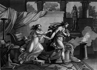 Joseph fleeing the wife of Potiphar seeking to seduce him. 19th century Lithography by Unknown artist