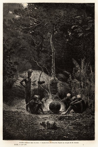 Kanaks cooking in the woods, in the territory of Pamale. Engraving to illustrate the voyage to New Caledonia, by Jules Garnier, civil engineer of mines, in 1863-1866, published in 
