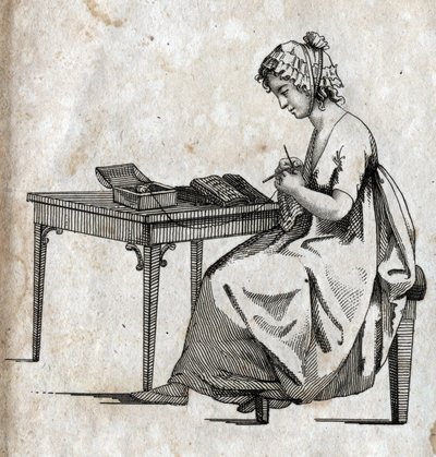 Knitting machine: woman busy knitting wool. Engraving late 18th century. Private collection. by Unknown artist