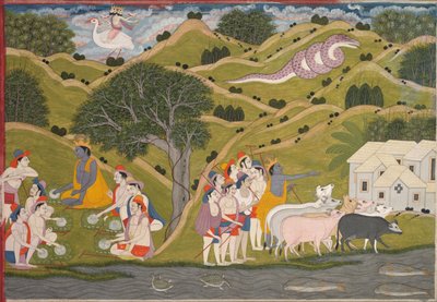 Krishna Returns with the Cowherds to Braj, from a Bhagavata Purana by Unknown artist