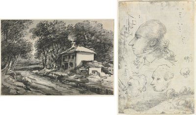 Landscape with Cottage; Studies of Heads by Unknown artist