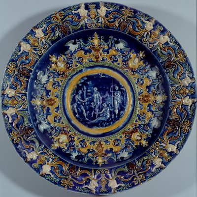 Large polychrome faience dish with a representation of the Judgement of Paris by Unknown artist