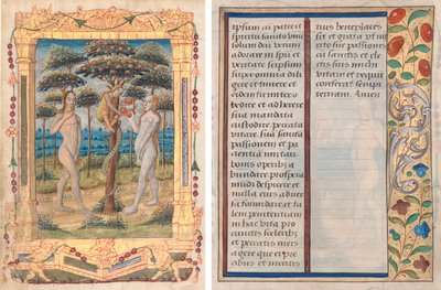 Leaf from a Book of Hours: Adam and Eve and the Fall of Man (Prefatory Miniature to the Office of the Virgin) (recto) and Text with Illustrated Border (verso) (1 of 3 Excised Leaves) by Unknown artist